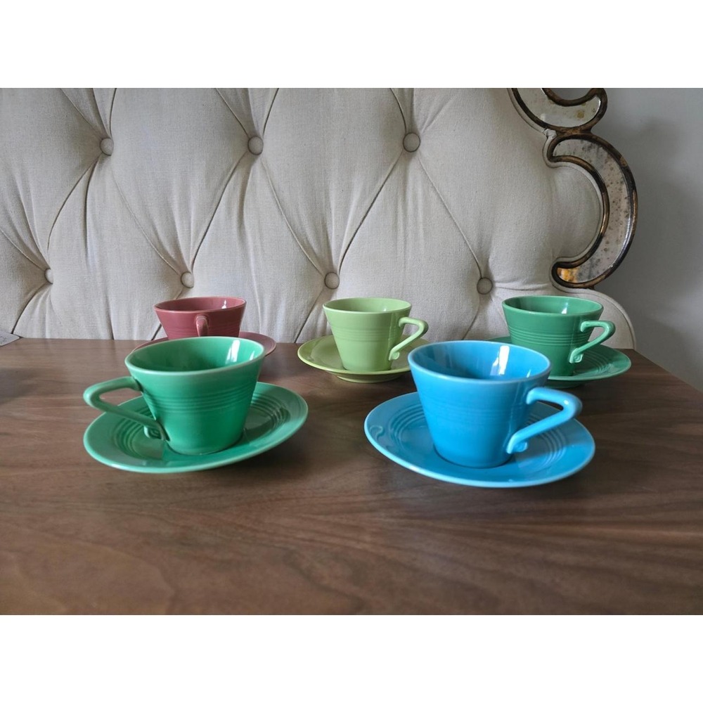 Vintage Fiesta Style Coffee Cup & Saucer Set – 5 Colorful Cups with Saucers - Picture 3 of 6